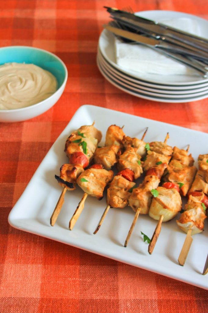 Σουβλάκια κοτόπουλο με dip γιαούρτι και πάπρικα/Chicken kebabs with yoghurt-paprika dip